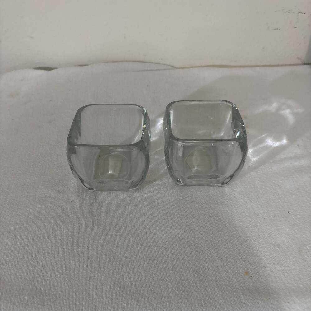 Set of 2 Libbey Heavy Clear Glass Tapered Square Votive Candle Holders or Candy